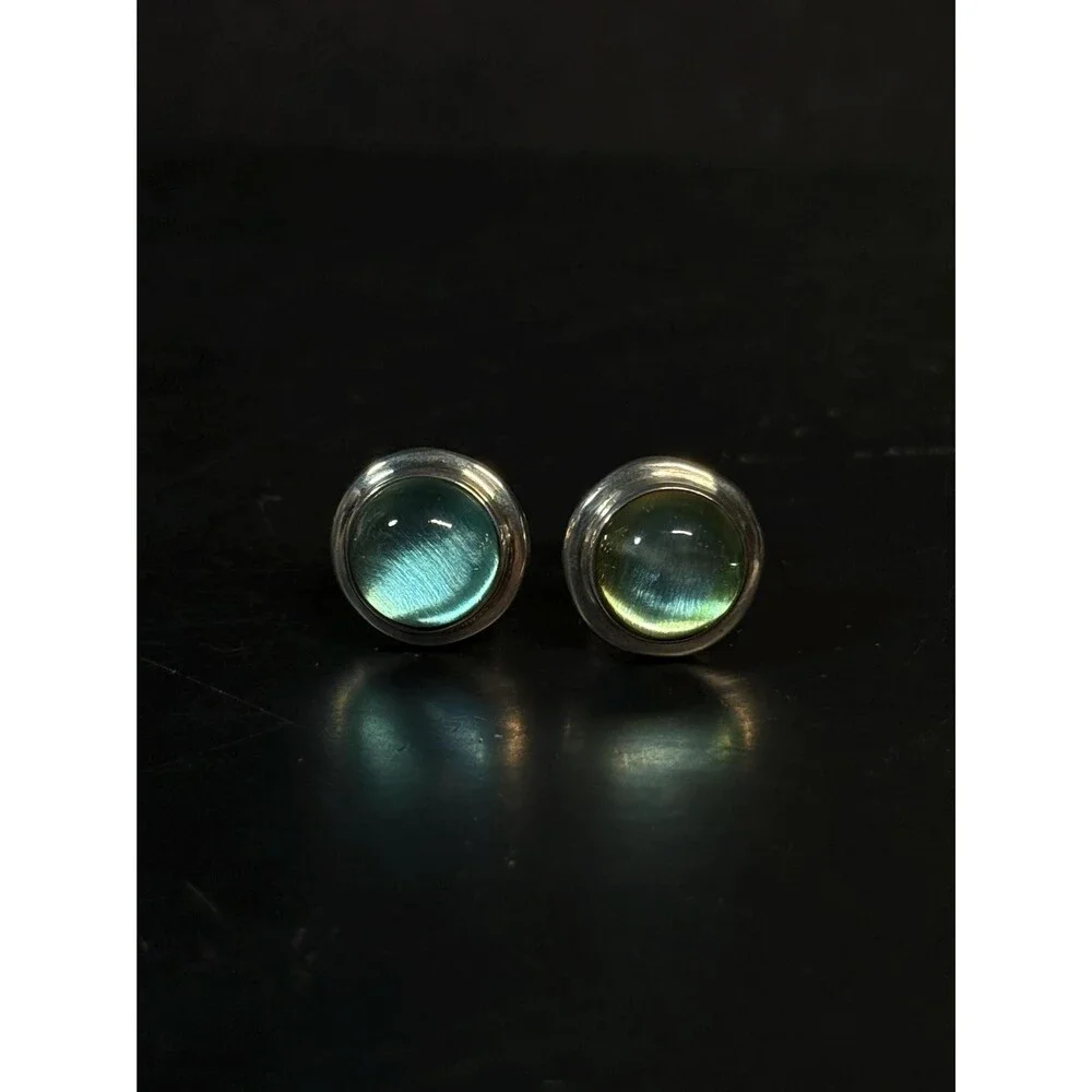 Sterling Silver Blue Glass Cabochon Cuff Links